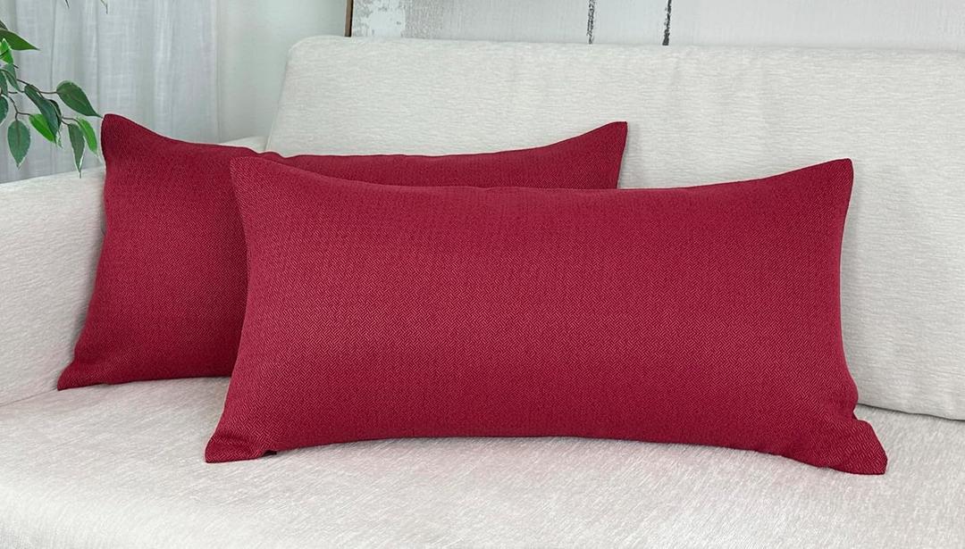 Aiking 2 Pieces of 12" x 24" Brushed 100% Polyester Decorative Lumbar Pillow Covers, Zipper Closure, Burgundy