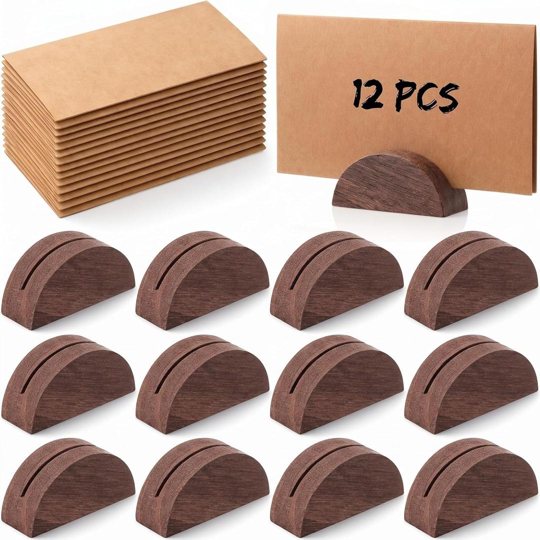 Sawysine 12 Pcs Wooden Table Number Stands with 12 Pcs Tented Cards, Wedding Table Name Holder Semicircular Design Place Card Holders for Banquet Retail Shop Wedding Party Events Decor(Brown)