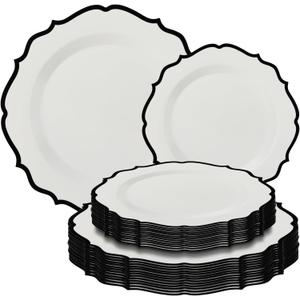 Contemporary Collection Combo White Plates with Black Rim - 7.5" - 10.5" (Pack of 32) - Sleek Modern Design - Perfect for Entertaining & Everyday Use