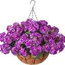 INSPRING Geraniums Artificial Flowers Hanging Basket for Outdoors Outside Spring Decoration, 8 Bundles Silk Flowers Fake Plants Look Real UV Resistant for Porch Home Patio Balcony Yard, Purple