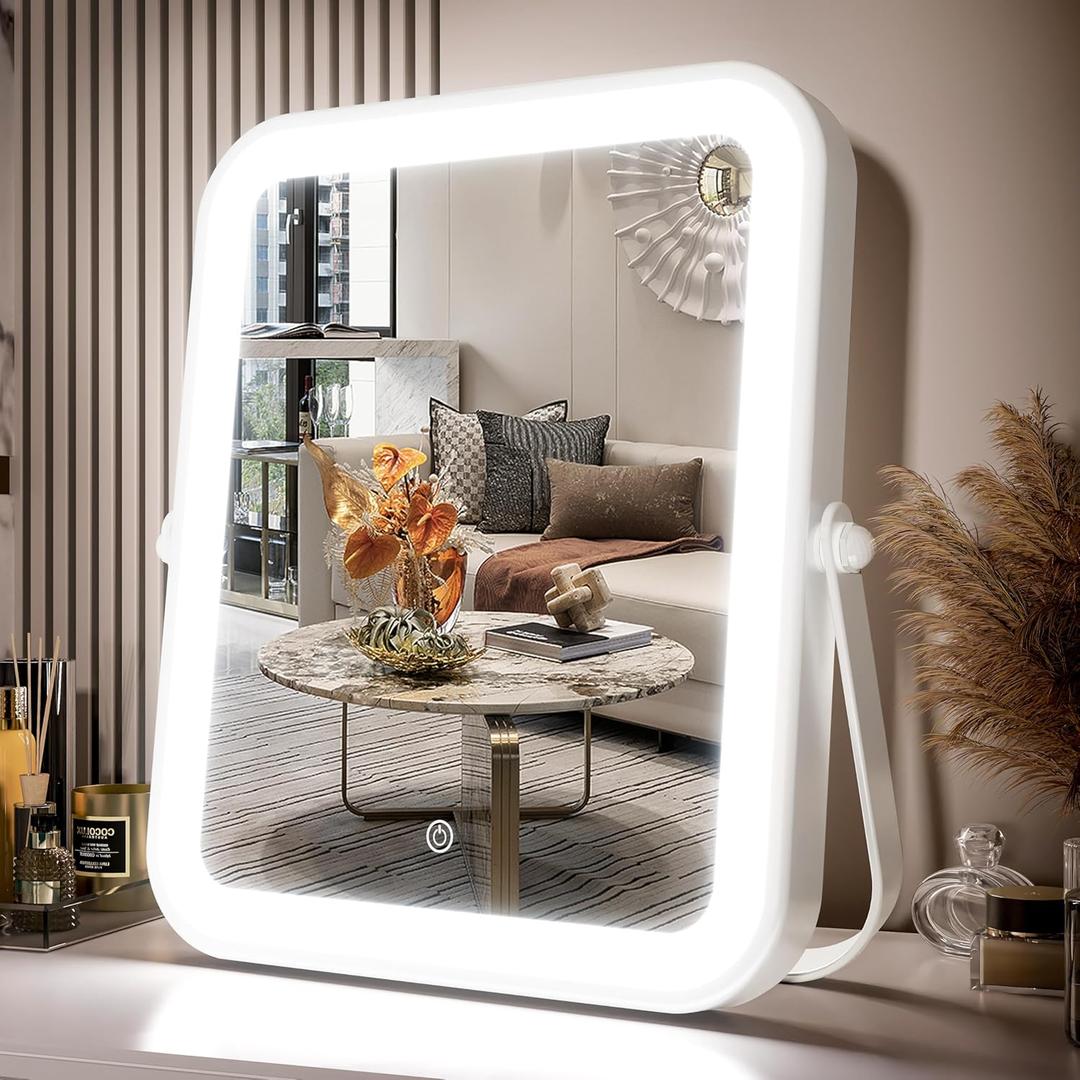 PRIMETEK Travel Makeup Mirror with Lights, Portable Small Beauty LED Vanity Mirror with Lights, Dimmable Touch Screen, Tabletop Folding Compact Mirror,Women Gift (10"L x 8"W)