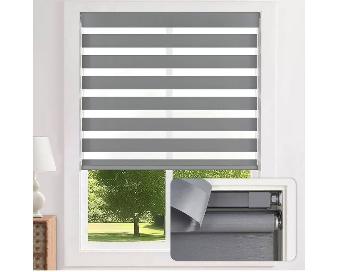 LazBlinds No-Drill Cordless Zebra Blinds - Dual Layer Light Filtering & Room Darkening, Free-Stop Lift, Easy Install, Day & Night Privacy with Valance for Window 22" W x 64" H, Grey