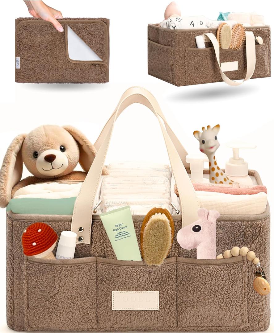 Baby Diaper Caddy Organizer with Portable Changing Mat - Teddy Fleece Diaper Organizer for Changing Table - Basket for Changing Essentials - Baby Essentials Organizer with Removable Dividers Baby Diaper Caddy Organizer with Portable Changing Mat - Teddy Fleece Diaper Organizer for Changing Table - Basket for Changing Essentials - Baby Essentials Organizer with Removable Dividers