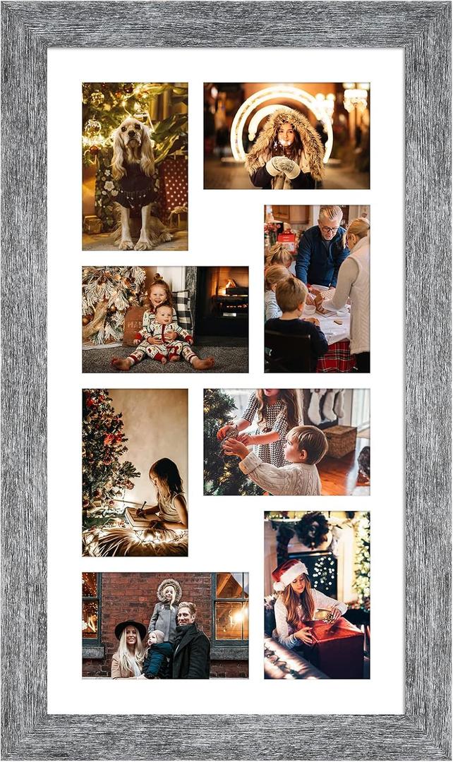 11.8x21.8 Picture Frame Display 8 opening 4X6 Picture Frame Collage,Multi Photo Frame with Mat,Plexiglass,Wall or Tabletop Decor,Grey Wood Grain