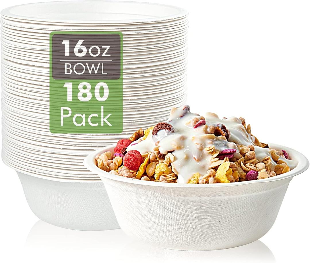 Vplus 180 Pack 16 OZ Paper Bowls, Disposable Compostable Bulk, Eco- Friendly Bagasse, Heavy-duty Bowls Perfect for Milk Cereals, Snacks, Salads