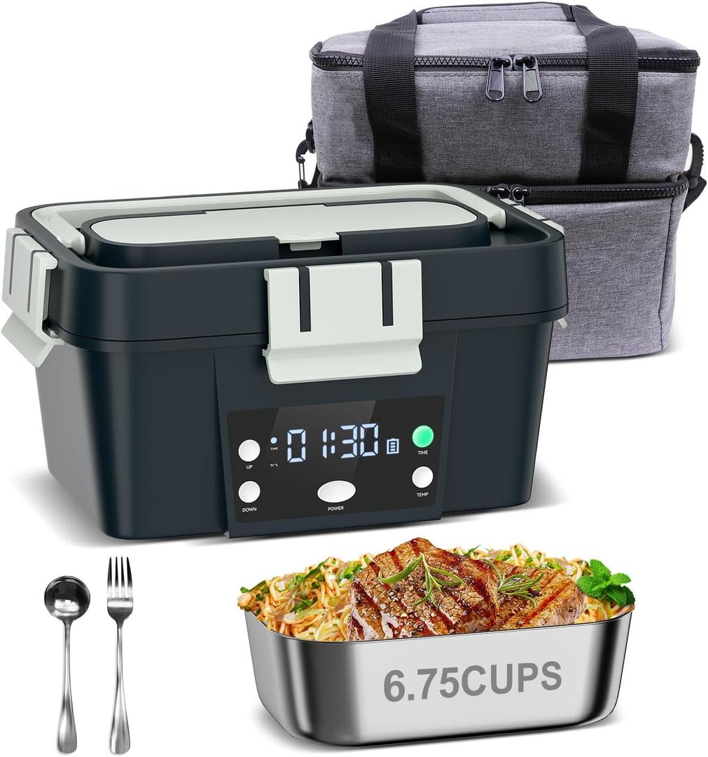 Heated Lunch Box Battery Powered with Automatic Heating, 16,000mAh Cordless Heatable Lunchbox for Adults, 1.6L Portable Food Warmer with Insulated Carry Bag Green