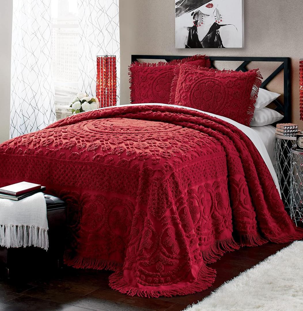 Montgomery Ward Emily Floral Chenille Bedspread, Soft Cotton Comforter Set, Queen Size Quilt - Luxury Hotel Bedding, Queen Bedspread (Red, Queen)