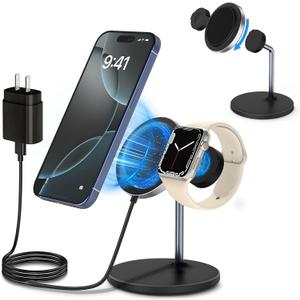 2 in 1 Magnetic Wireless Charger for iPhone, 15W Fast Charging Station for Apple Devices, Detachable Wireless Charger Stand for iPhone 16/15/14/13/12 Series & Apple Watch (PD 25W Adapter Included)