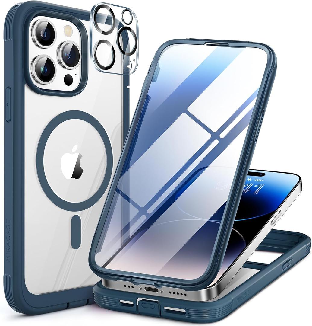 Miracase Magnetic for iPhone 14 Pro Case 6.1 inch, (Compatible with MagSafe) Upgrade Full-Body Clear Phone Bumper Case with Built-in 9H Tempered Glass Screen Protector, Storm Blue