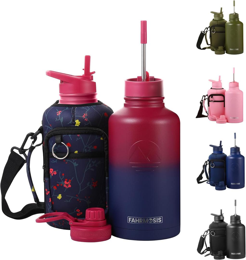 64 Oz Insulated Water Bottle with Strap Stainless Steel Sports Water Bottle with 3 Lids (Straw, Chug and Flip Lid) Leak Proof Metal Half Gallon Jug for Men & Women - Red Fusion
