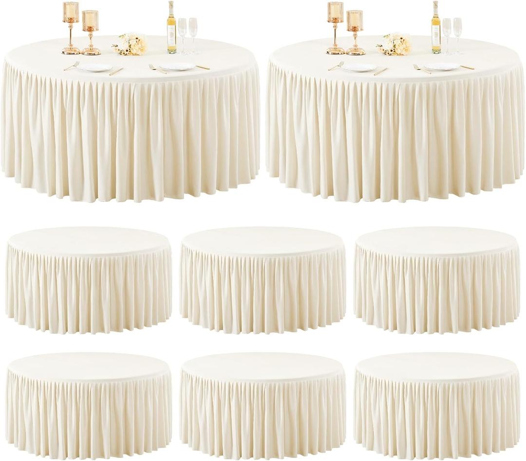 8 Pack Ivory Spandex Round Tablecloths for 72 inch Tables, Stretchy Fitted 6FT Round Table Clothes,Wrinkle Free Table Cover with Skirt for Wedding Party Dining Banquet Graduation Decorations