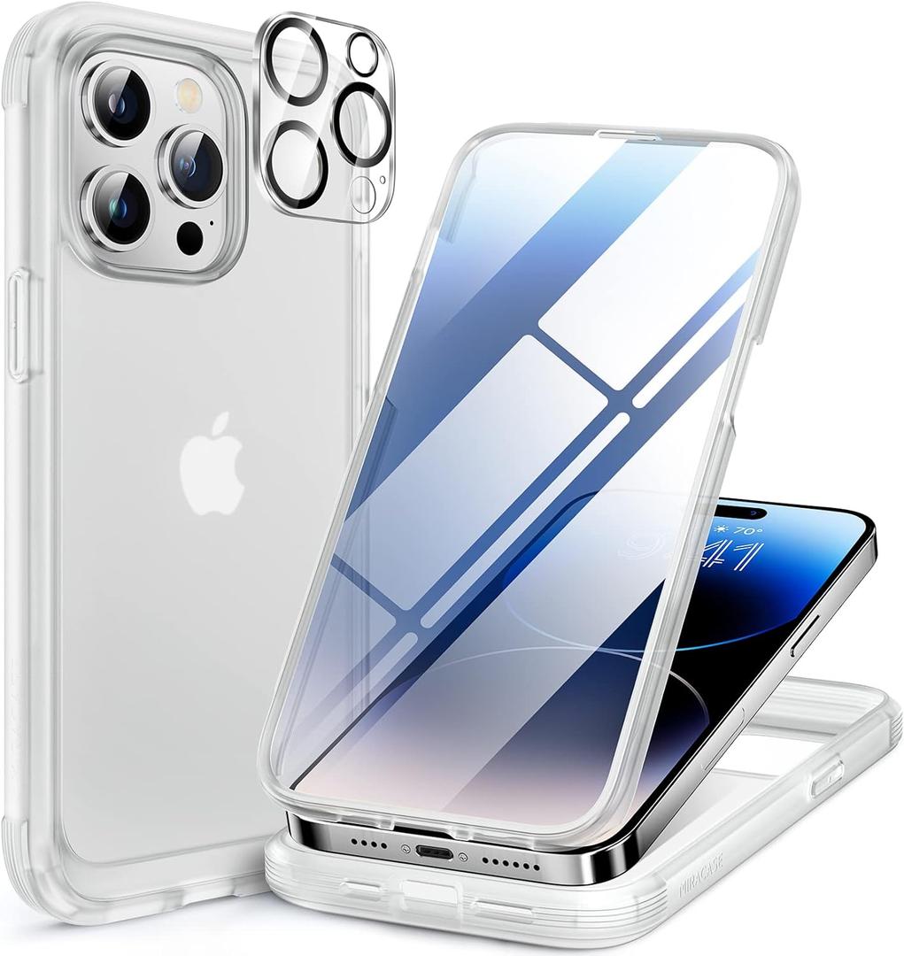 Miracase Glass Series for iPhone 14 Pro Case 6.1 Inch, Full-Body Clear Bumper Case with Built-in 9H Tempered Glass Screen Protector, with Camera Lens Protectors, Matte Clear