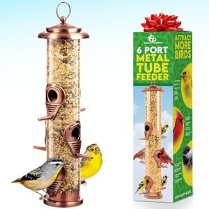 Bird Feeder for Outdoors (Brushed Metal Copper) Hanging Bird Feeders with Locking Lid & Adjustable Hanger, Chew-Proof, Weather Resistant (15 Inches, 6 Port)