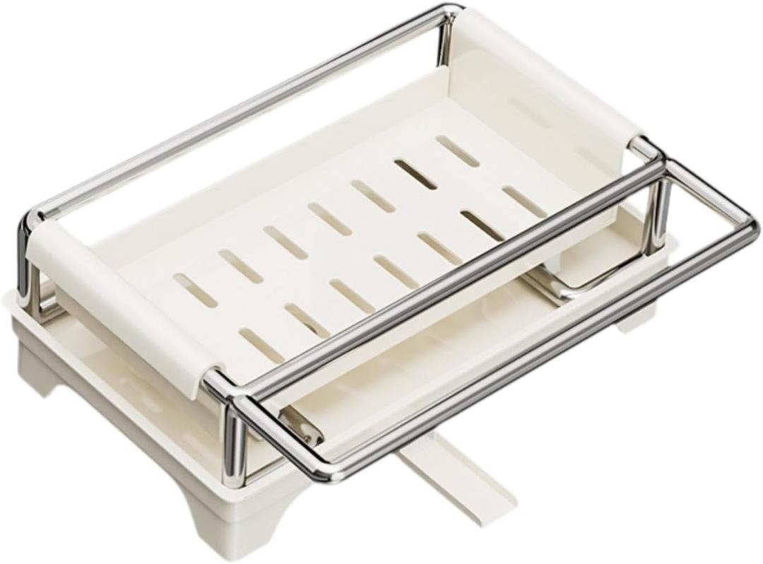 IEUDNS Sponge Holder for Kitchen Sink Stainless Steel Home Decor Detachable Soap Dispenser Organize Dishcloth Rack with Drain Tray, Beige