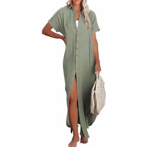Dokotoo Womens Casual Short Sleeve Side Split Button Down Long Kimonos Cardigans Swimsuit Cover Ups Summer Beach Dress (X-Small, Green 02)