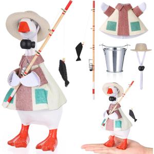 7 Inch Desk Goose Outfits Fishing Duck Costume Set Fieldsmen Clothes Mini Straw Hat Fishing Rod and Bucket for 7 Inch Goose Duck Statue Funny Decor Accessories Home Decoration
