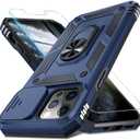 Janmitta Case for iPhone 16 Phone Cover Built in Slide Camera Lens Cover+Screen Protector,Heavy Duty Shockproof Full Body PhoneCase with Finger Ring Holder Kickstand,Blue