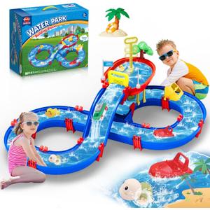 VATOS 2-Tier Outdoor Kids Water Table, 61PCS DIY Toddlers Water Table Toys Playset, Pool Waterway Toy with Pump, Summer Outside Activity Funs for Toddler Boys Girls Ages 4-8 3-5
