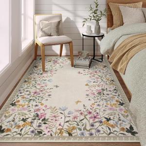 Wonnitar Washable 4x6 Rug for Bedroom, Floral Print Area Rug for Living Room, Non-Slip Entryway Throw Mat, Low Pile Botanical Area Rug Floor Carpet for Bedside (Beige,4'x6')