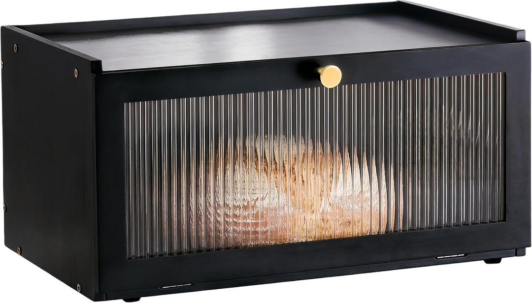 ETMI Black Bread Box for Kitchen Countertop - Modern Bamboo Bread Box with Window Bread Storage Container