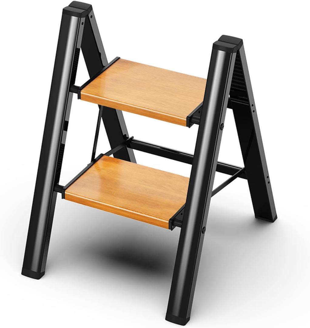 2 Step Ladder, Aluminum Lightweight Folding 2 Step Stool with Anti-Slip Wide Pedal,330lbs Capacity Steel Ladder for Household and Office(Black&Woodgrain)