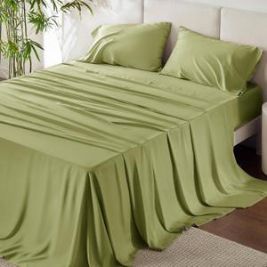 Bedsure Queen Sheet Set, Rayon Derived from Bamboo, Cooling Sheets, Breathable & Soft, Deep Pocket Up to 16 Inches, Hotel Luxury Silky Bedding for Hot Sleepers, Green