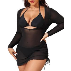 Aqua Eve Plus Size 3 Piece Bikini Set Women Swimsuits with Cover Up Bathing Suit (Black, S)