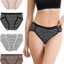 Women Cotton Cheeky Underwear - French High Cut Striped Panties (S)