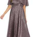 R&M Richards Long Metallic Pleated Capelet Dress W/Mock Surplus Ruched Waist & Rhinestone Details (Purple) 18Plus
