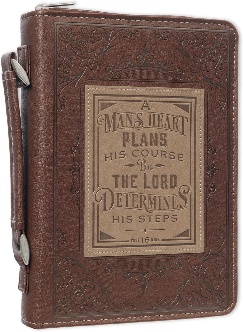 Christian Art Gifts Men's Classic Bible Cover A Mans Heart Proverbs 16:9, Brown/Tan Faux Leather, Large