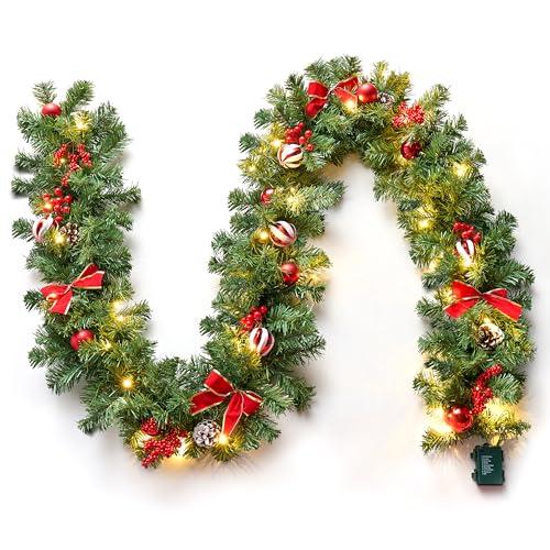 Joiedomi 9Ft Christmas Garland Prelit with Lights, 50 Warm White LED, Xmas Tree Garland with 8 Lighting Modes, Decorated with Pinecones, Bows, Xmas Balls & Berries for Window Indoor Party Decorations