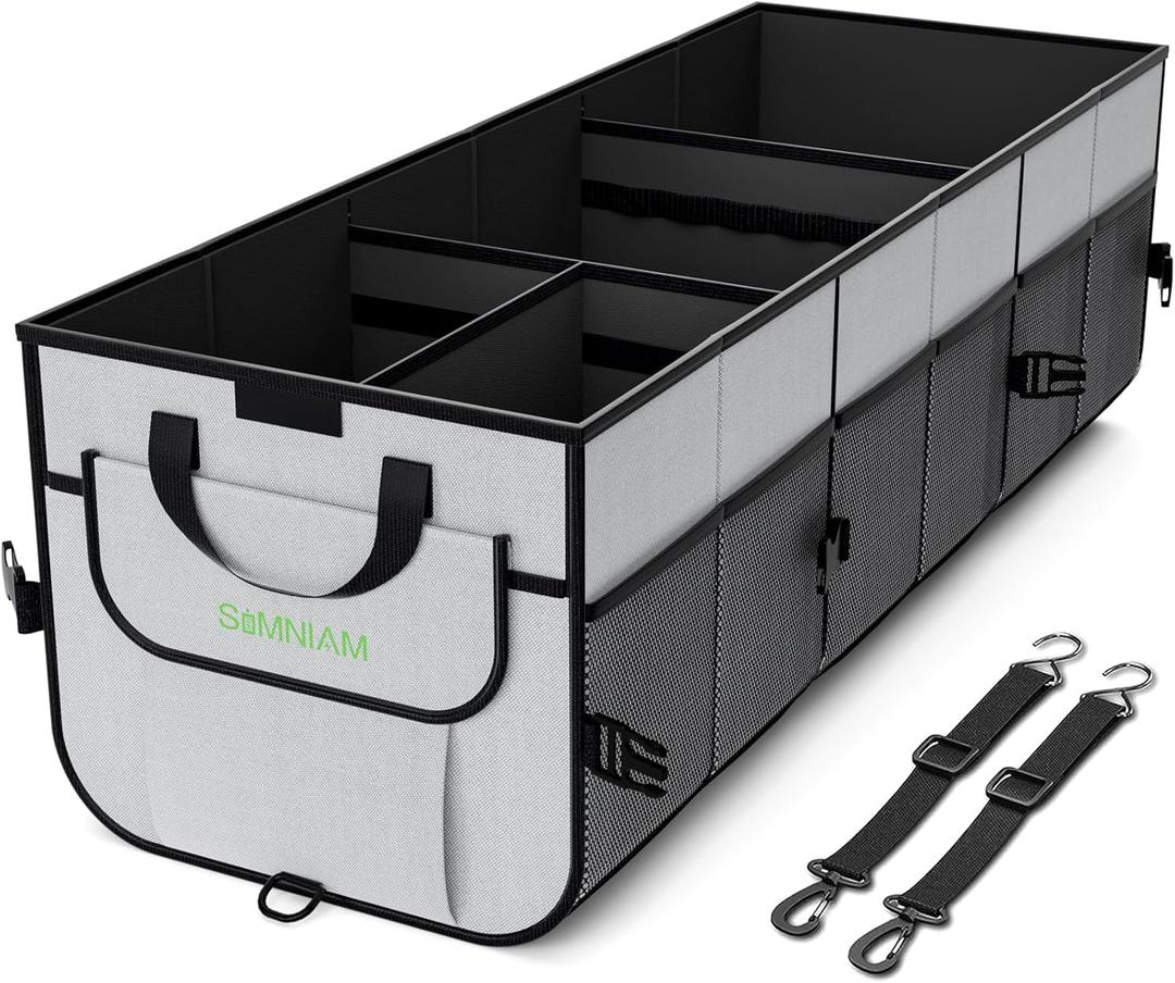 Simniam Car Trunk Organizer with Insulated Grocery Bag- 110L High Capacity Car Storage Box, with 4 Compartments, Reflective Strip, Cover, for Auto, SUV, Truck, Minivan (Grey)