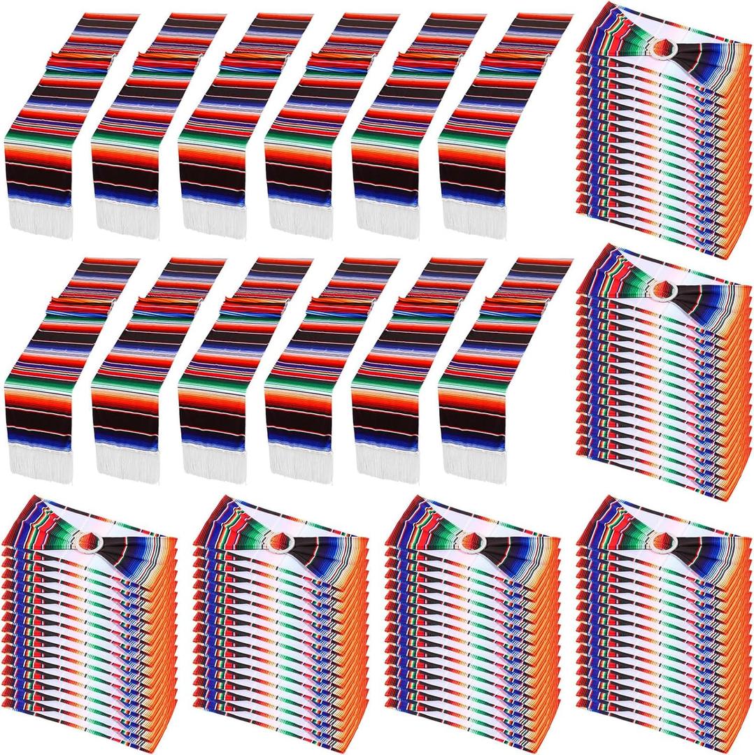Newwiee 108 Pcs Mexican Stretch Chair Sashes with Table Runners, Cinco De Mayo Chair Bows Serape Fringe for Mexican Party Wedding Decorations (Colorful)
