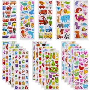 Meafeng 3D Stickers for Kids & Toddlers 24 Sheets 550+ Puffy Stickers Variety Pack with Animals, Numbers, Fruits, Fish, Dinosaurs, Cars & More for Scrapbooking, Bullet Journals & Crafts