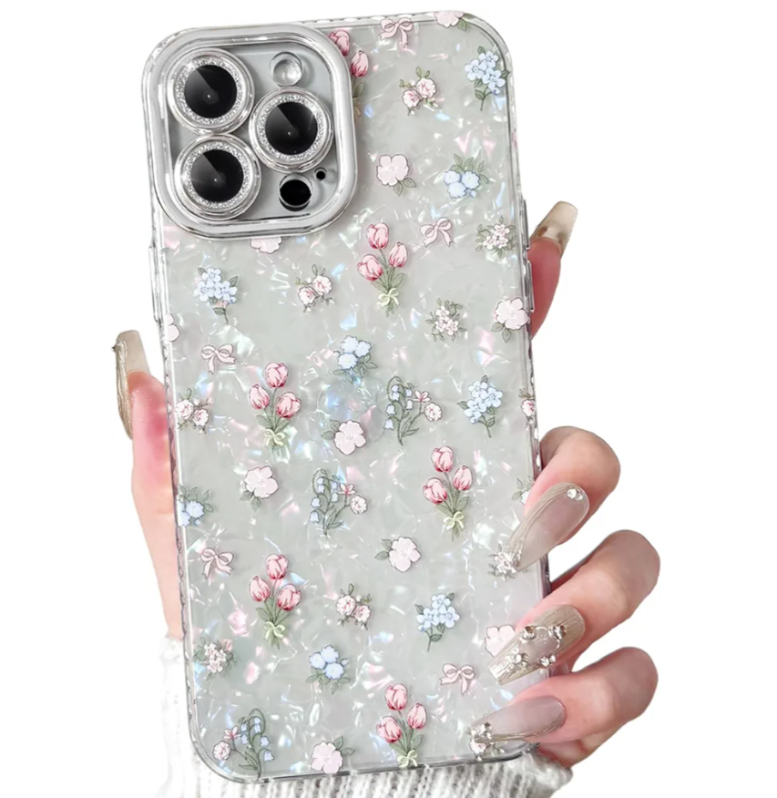 NITITOP Compatible with iPhone 14 Pro Max Case Cute Flower Floral Shell Textures for Girls Women Soft TPU Slim Hard Back with Lens Protective Phone Cover - Tulip Pack of 2
