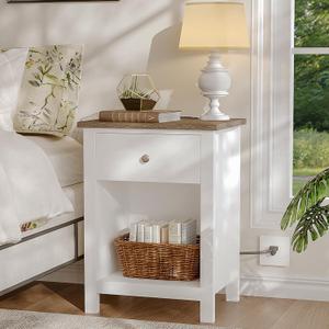ChooChoo Farmhouse Nightstand with Charging Station, Wooden Top Bedside End Table with Drawer and Storage Space for Bedroom, White, 1 pack