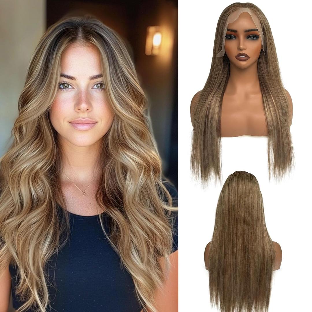 Belaved Highlights Wigs Human Hair Lace Front Light Brown with Ash Blonde HD Transparent Real Human Hair Glueless 180% Density Balayage 13x4 Straight No Synthetic No Shedding Natural Hairline 20 Inch