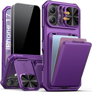 SSLOTSCASE for iPhone 17 Case with 2X Privacy Screen Protector, Credit Card Holder & Camera Cover Stand & Slide Lens Cover & Wallet, Drop Proof Rugged Sturdy Case Cover for iPhone 17 2025, Dark Purple