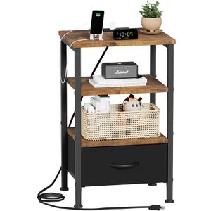 Fixwal Night Stand with Charging Station, Adjustable Bed Side Table with Fabric Drawer, Farmhouse End Table, Bedside Table with Storage, Rustic Brown (23.5"H (1 drawer))