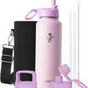 Coolflask Water Bottle 40 oz Insulated with Straw, Stainless Steel Metal 3 Lids Water Flask for Sports or Office, Keep Cold 48H Hot 24H, Pink