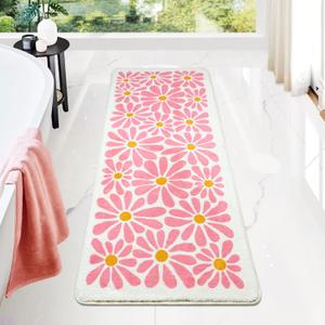 SHIYUE Pink Bathroom Runner Rugs Long Bath Mat, Microfiber Fluffy Soft Floor Mats for Bathroom, Non-Slip Waterproof Back Soft Bathmat for Indoor Shower Bathtub Decoration (18x47in Cute Floral)