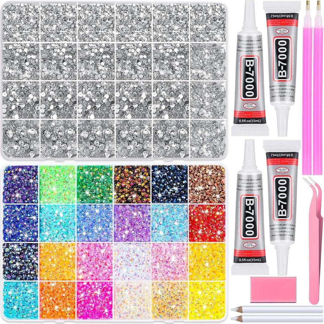 40000Pcs Resin Rhinestones with B7000 Jewelry Glue for Crafting, Rainbow Bedazzling Crystals Flat Back Gems with Craft Adhesive for DIY Graduation Cap Clothes Tumblers Shoes Nails and Face (2mm-6mm)