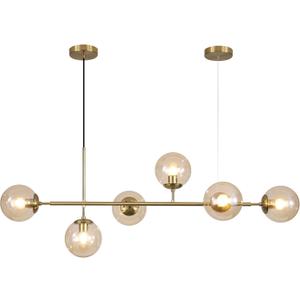KCO Lighting Globe Linear Chandelier 6 Light Amber Glass Pendant Light Fixture Gold Kitchen Island Lighting Long Brass Sputnik Chandelier Dining Room Light Fixtures Over Table