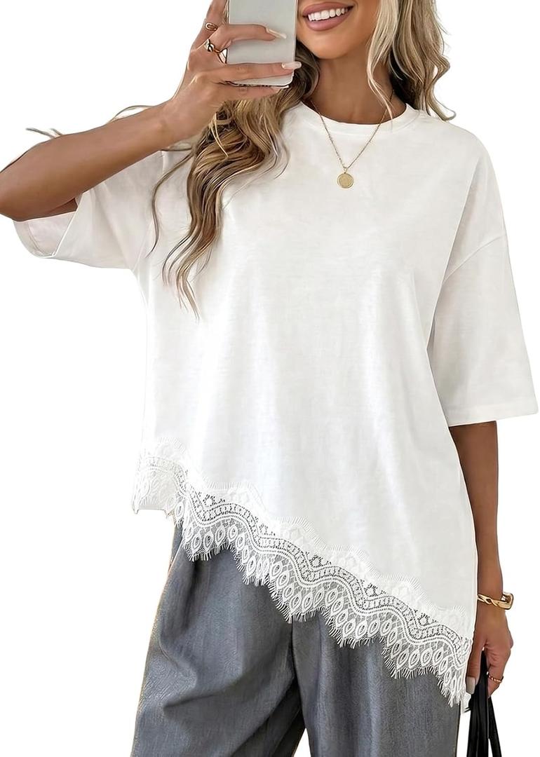 LOLONG Women's Casual Crew Neck Half Sleeve T-Shirt Asymmetrical Hem Lace Patchwork Loose Fit Tops, XL