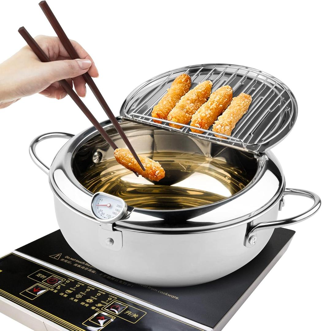 Kerilyn Deep Fryer Pot, 11 Inch/4.2 L Janpanese Style Tempura Frying Pot with Lid, 304 Stainless Steel with Temperature Control and Oil Drip Drainer Rack, for Kitchen French Fries, Chicken