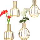Dicunoy 4 Pack Gold Flower Vases, Small Glass Test Tube Vase with Metal Frame Stand, Small Bud Vase for Pampas, Wedding, Table Centerpieces, Living Room, Plant Terrariums for Propagating Hydroponic