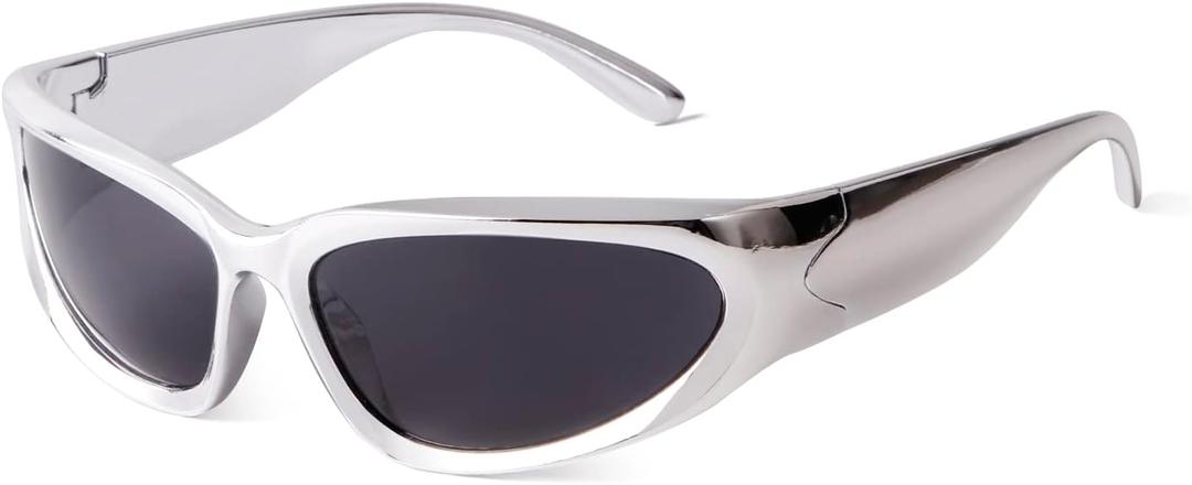 ADE WU Wrap Around Fashion Sunglasses for Women Men Trendy y2k Swift Oval Sun Glasses Goggles Futuristic Shades (Metallic Silver/Grey)