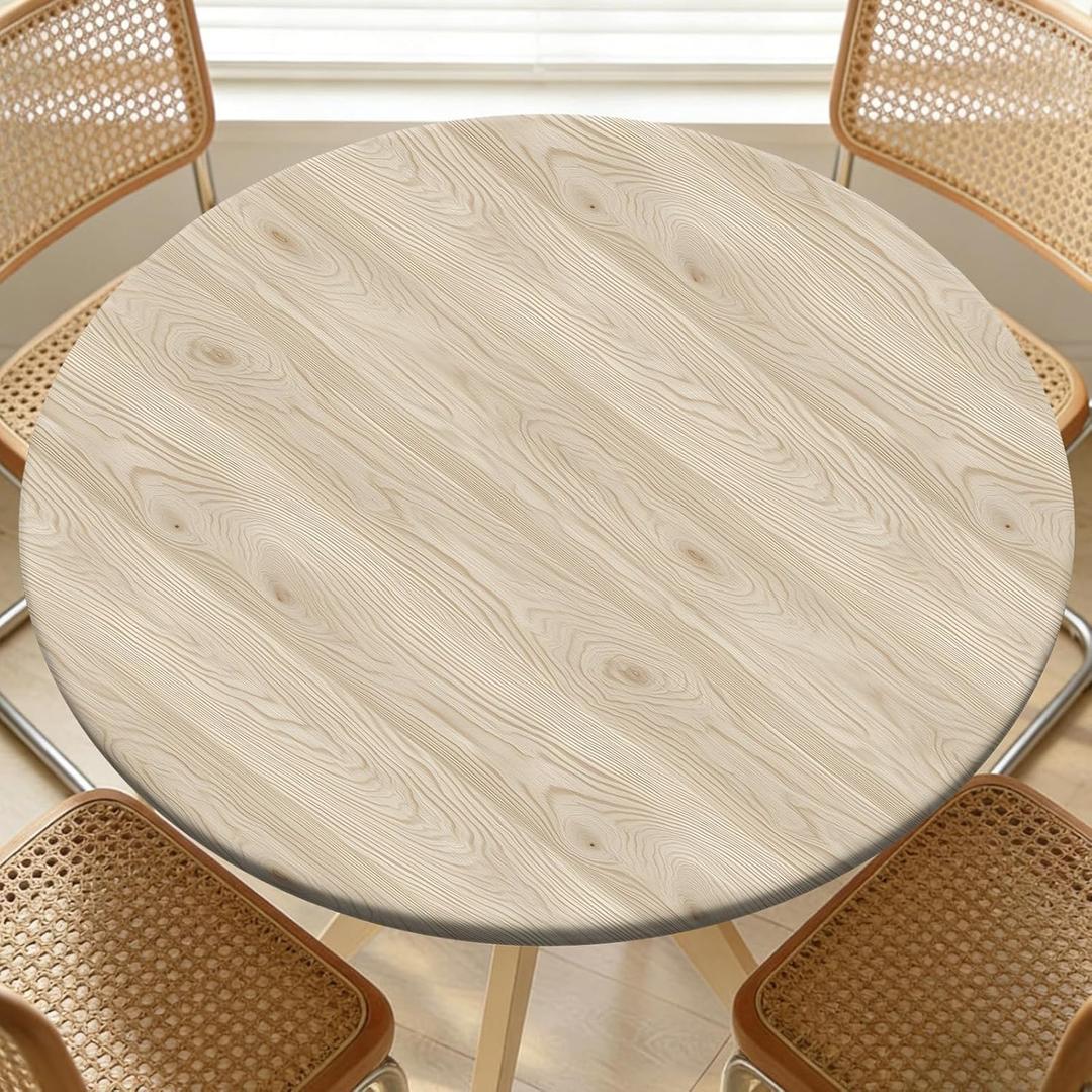 Round Fitted Table Cover with Elastic Edge Design Table Cloth Waterproof Stain-Resistant Wipeable Outdoor Tablecloths Fits 42"-46" Round Tables for Camping, Picnic, Dining, Indoor (Wood Grain)