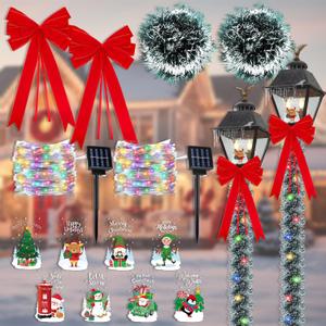 Sets of 2 Christmas Solar Lamp Post Decoration Lighted Holiday Street Lamp Decor Kits Include 4 Xmas Wreath 2 Solar Straight Light 2 Red Bow 8 Xmas Sticker for Holiday Garden Pole Light Decor
