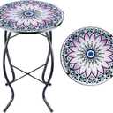 VCUTEKA Outdoor Side Table Mosaic End Table Patio Side Table Small End Table Glass Top Round Balcony Coffee Table Porch Indoor Glass Top Flower 14''